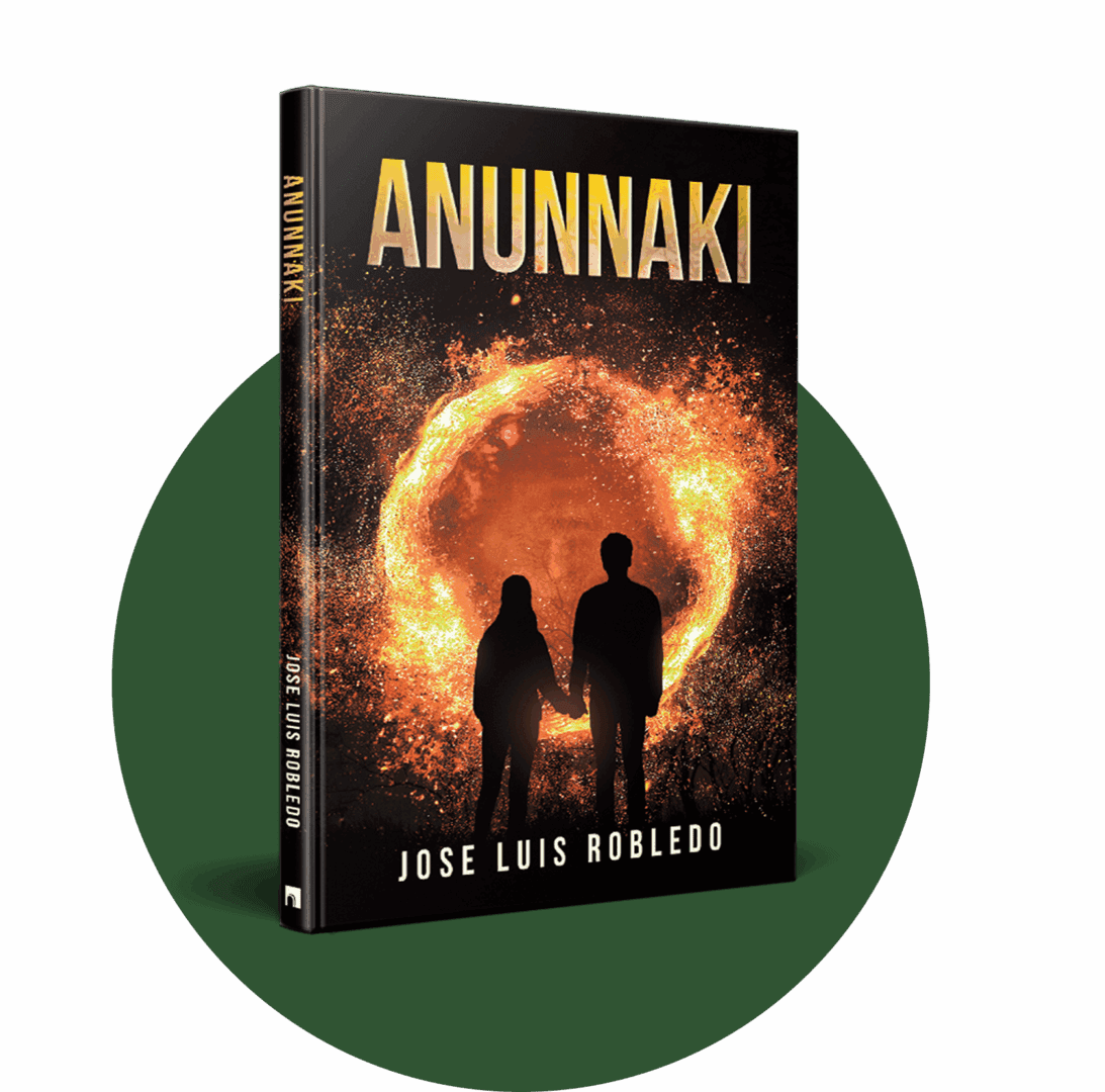 Silhouettes before a fiery portal on book cover.