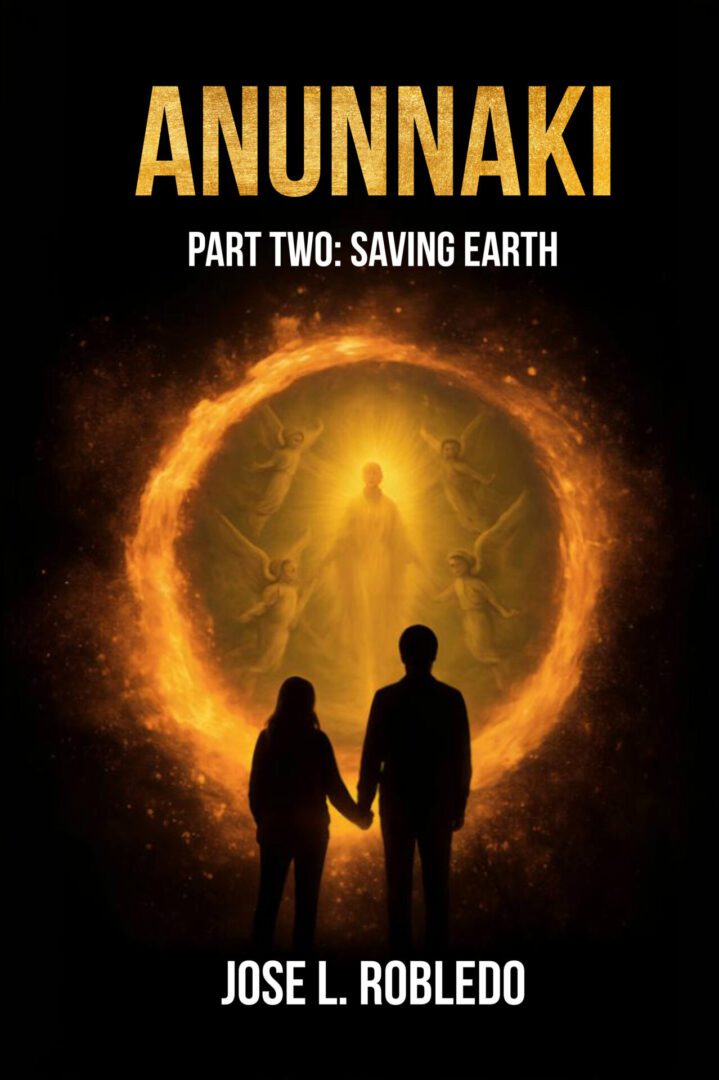 Silhouetted couple facing a glowing portal