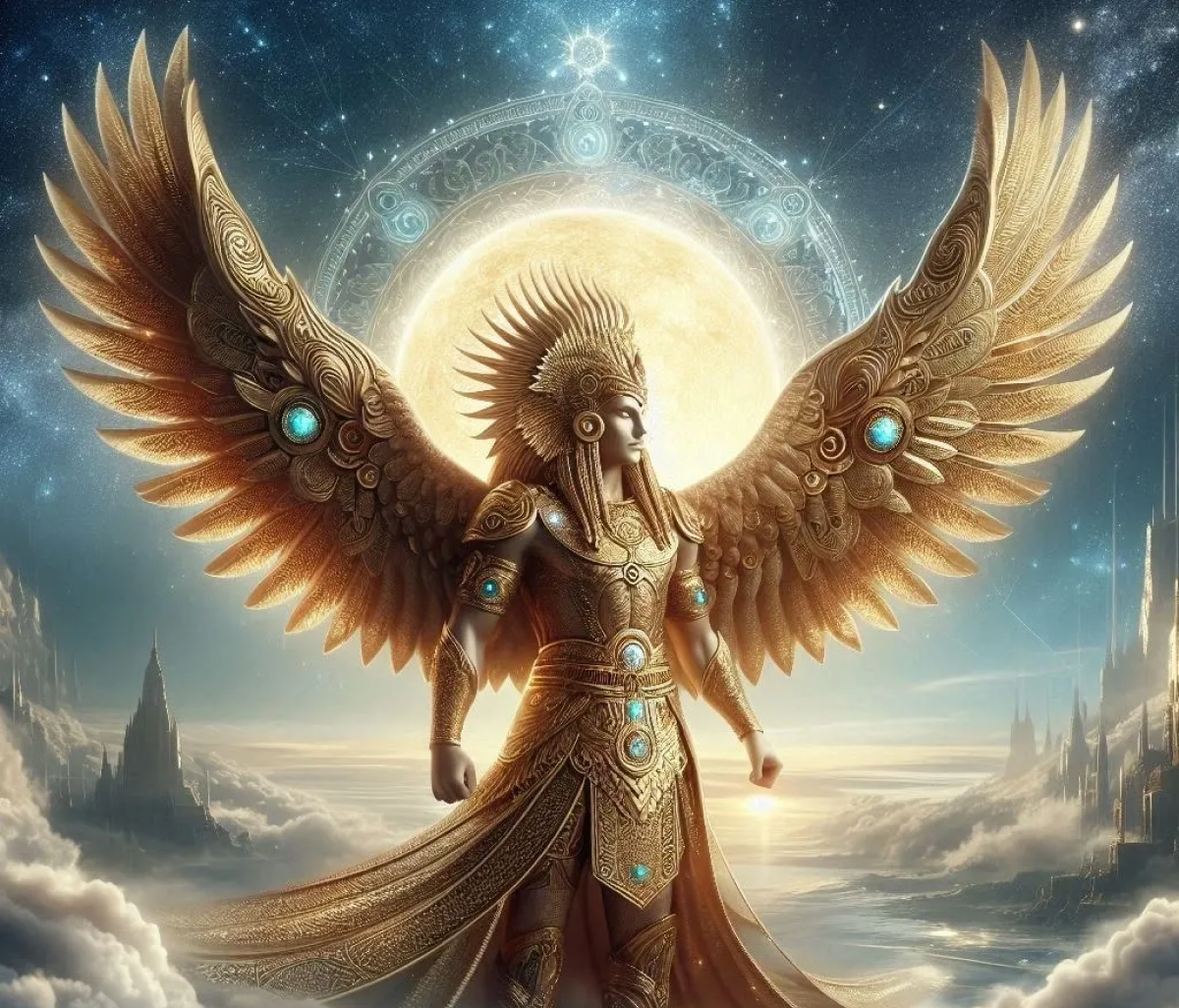 Mythical figure with ornate armor and wings