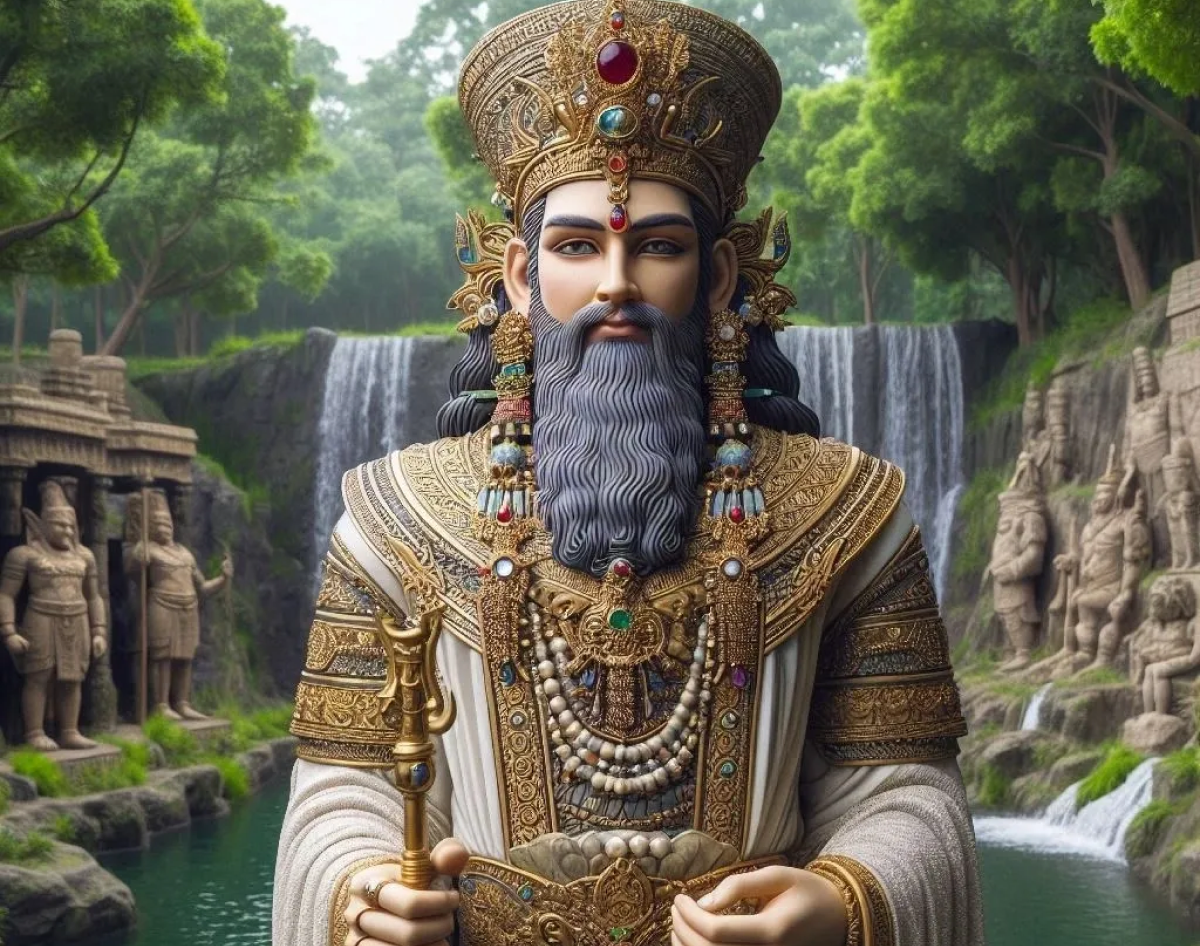 Regal statue in lush waterfall setting